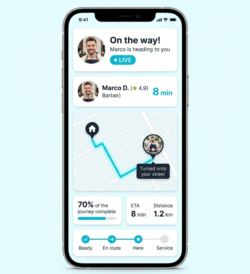 Live tracking screen showing a professional on the way with a map, ETA and route